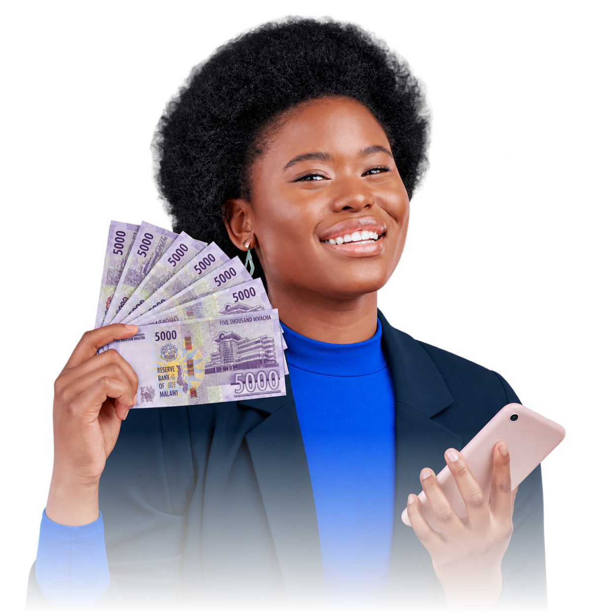 A smiling Nthandizi customer holding Malawi kwacha and a mobile phone
